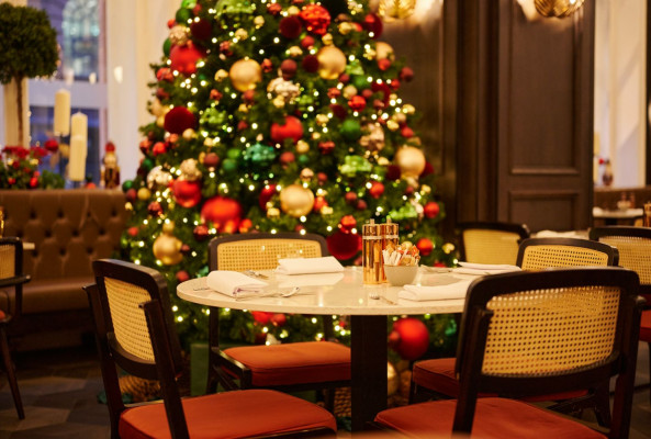 Christmas gift exchange at a festive dinner